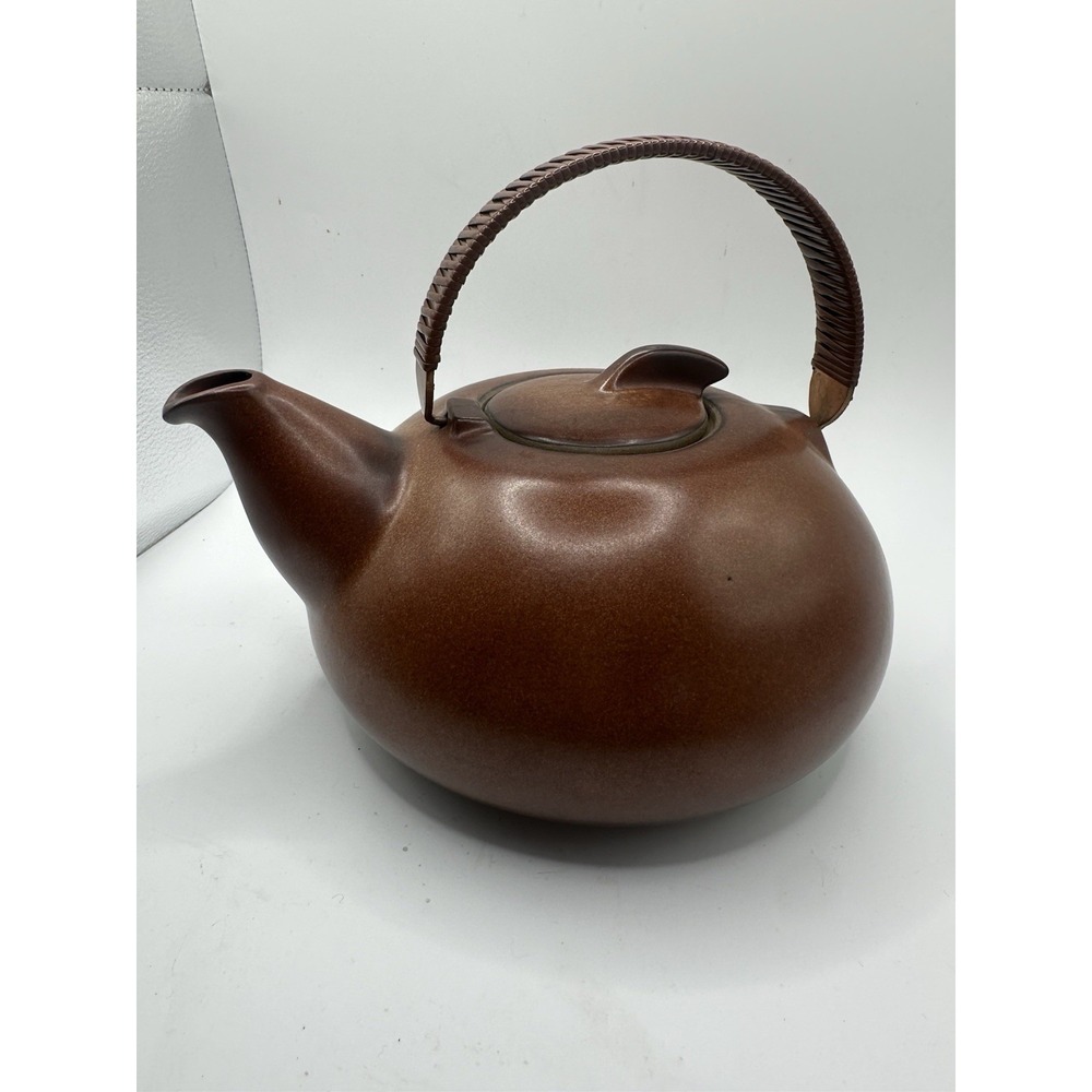 EDITH HEATH POTTERY TEAPOT Sausalito Brown Vintage Wicker Wrapped Copper Handle
